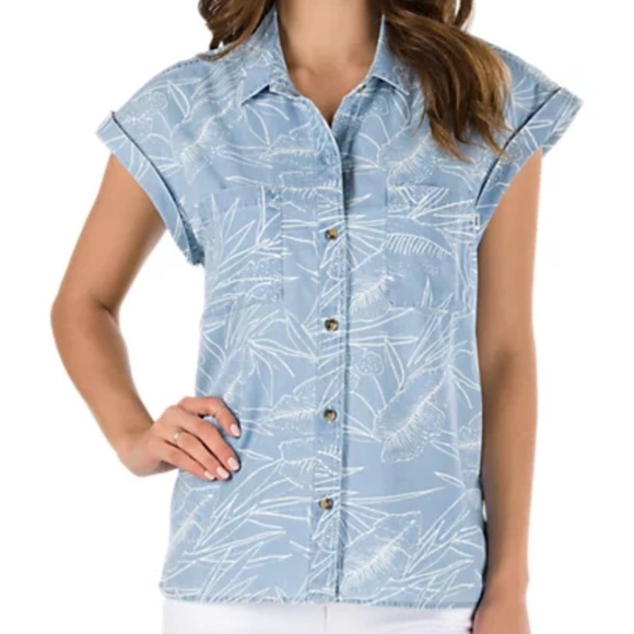 Vans Light Blue Leaf Print Rolled Cap Sleeve Button Down Top - Picture 1 of 12